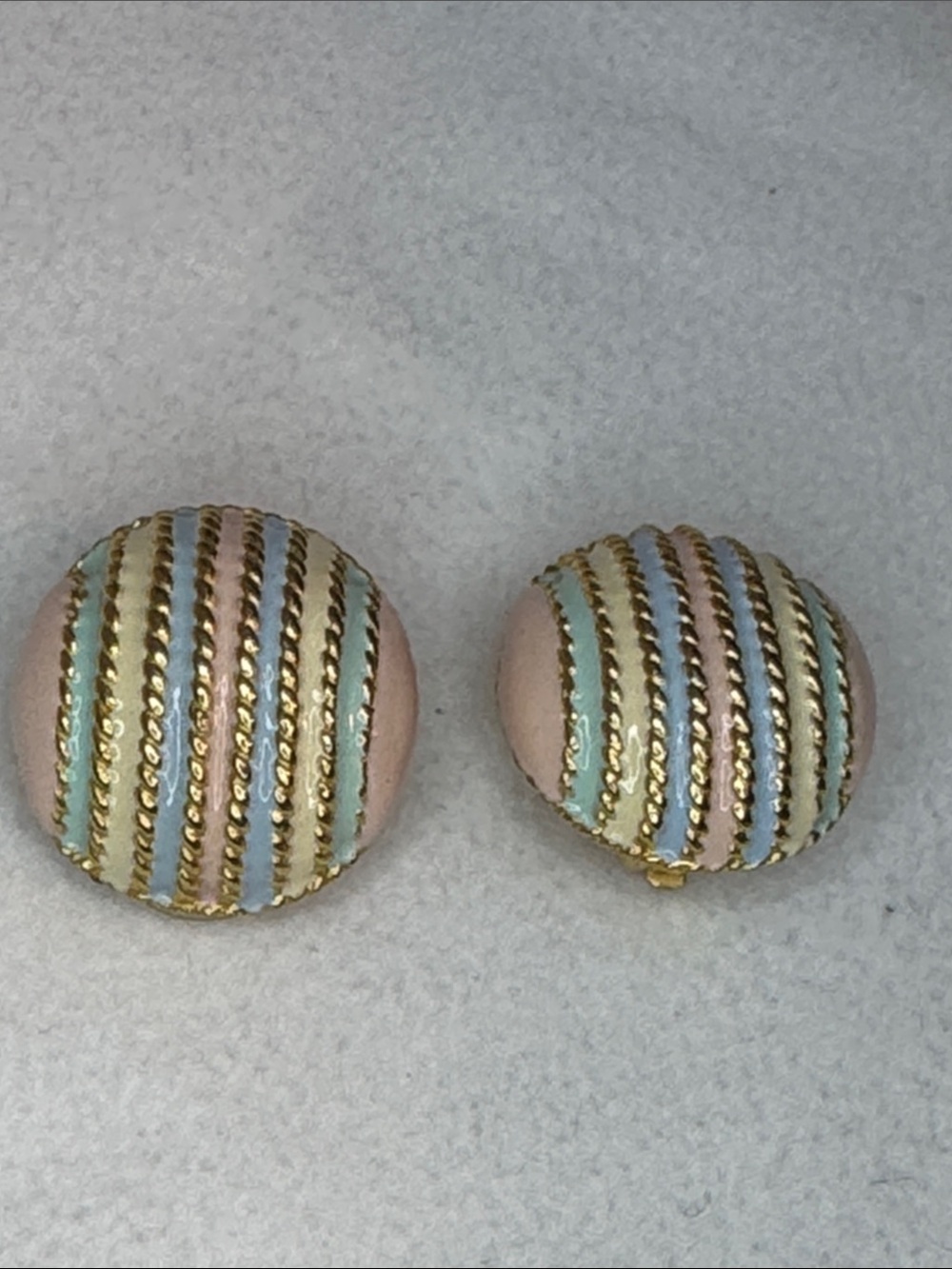 Pastel Striped Gold-Trim Round Clip Earrings - Pink, Mint & Blue